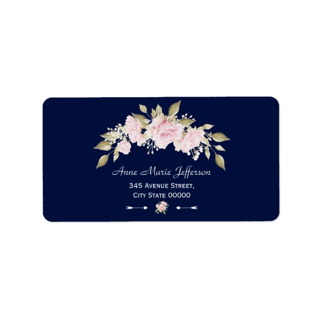 Étiquette Mariage bleu marine à fleurs rose pâle (Devant)