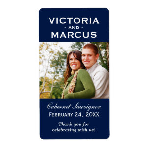 Étiquette Mariage bleu marine Monogramme photo Vin bouteille