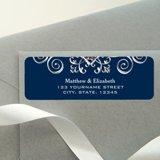 Étiquette Mariage Bleu Nuit Argent Élégant (Créateur téléchargé)