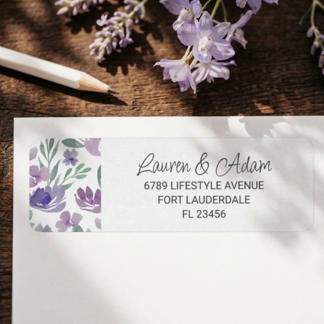 Étiquette Mariage Bohème violet floral & calligraphie (Créateur téléchargé)