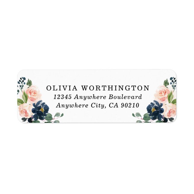 Étiquette Mariage campagnard floral bleu marine et rose pâle (Devant)