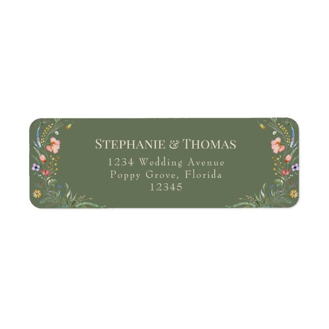 Étiquette Mariage Champêtre de Fleurs Sauvages Vert Olive  (Devant)