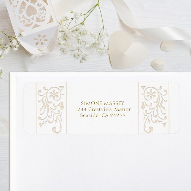 Étiquette Mariage Chic Formel Bordure Ecru à Rinceaux (Créateur téléchargé)