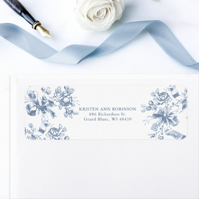 Étiquette Mariage Classique Fleurs et Rubans Bleu Français (Créateur téléchargé)