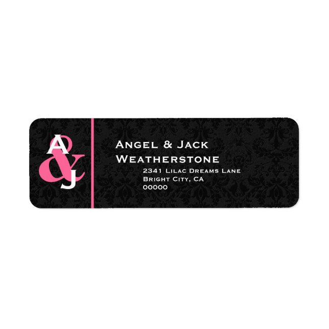 Étiquette Mariage damassé noir et rose Monogram Ver 007 (Devant)