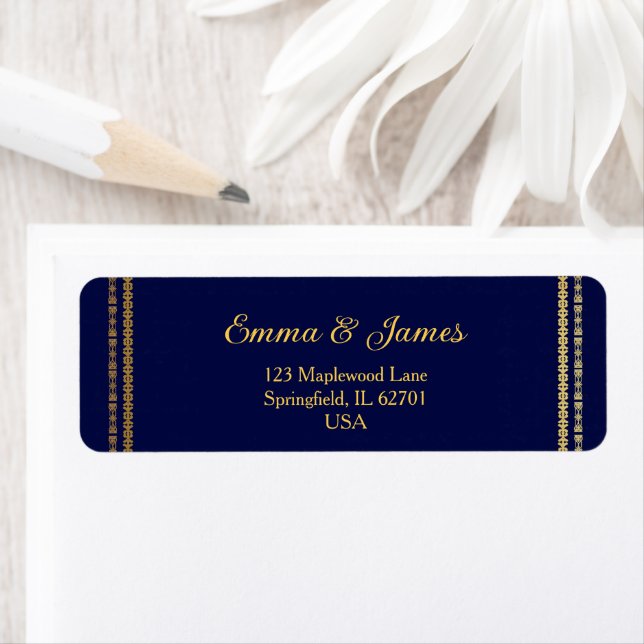 Étiquette Mariage de cadre bleu et or Marine (En situation)