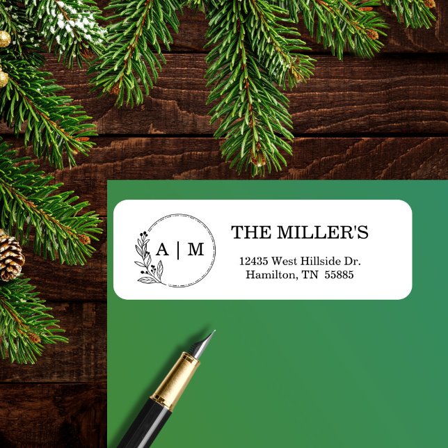 Étiquette Mariage de monogramme floral minimal noir (Black Minimal Floral Monogram Wedding Label)