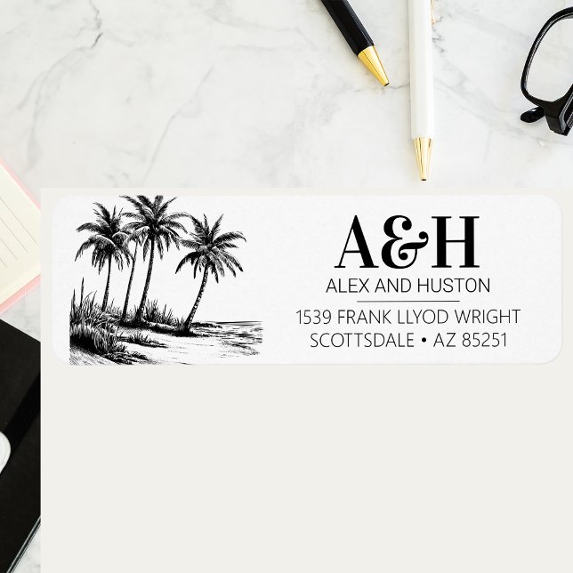 Étiquette Mariage de plage Monogramme élégant Palm Tree simp (Créateur téléchargé)