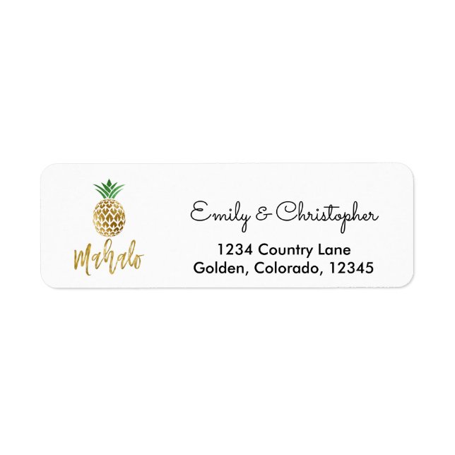 Étiquette Mariage de script Gold Foil Mahalo Ananas (Devant)
