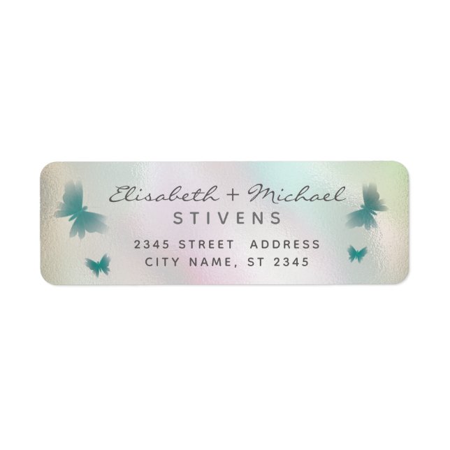 Étiquette Mariage de script papillon holographique (Devant)