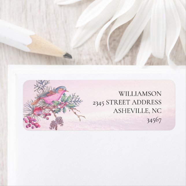 Étiquette Mariage d'hiver à l'aquarelle Cônes de pin Oiseaux (En situation)