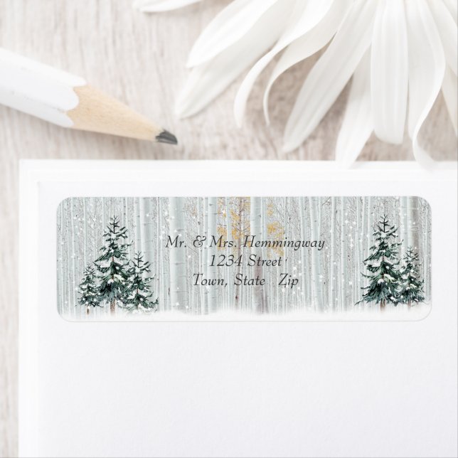 Étiquette Mariage d'hiver Sparkle Snowflakes Pine Trees (En situation)