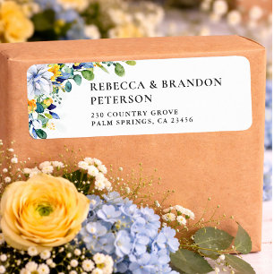 Étiquette Mariage élégant floral aquarelle jaune et bleu