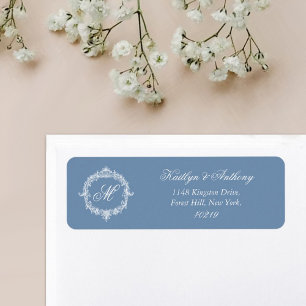 Étiquette Mariage Élégant Vintage Bleu Toile Monogramme