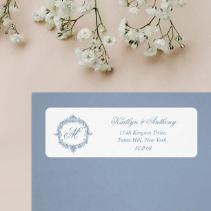 Étiquette Mariage Élégant Vintage Bleu Toile Monogramme