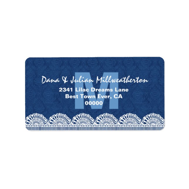 Étiquette Mariage en dentelle blanche Monogramme bleu marine (Devant)