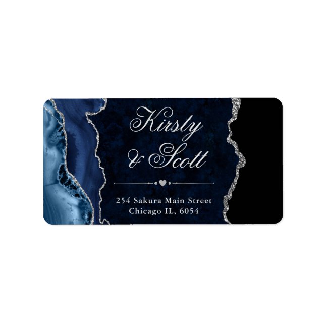 Étiquette Mariage Faux Paillettes Agate Bleu & Argent (Devant)