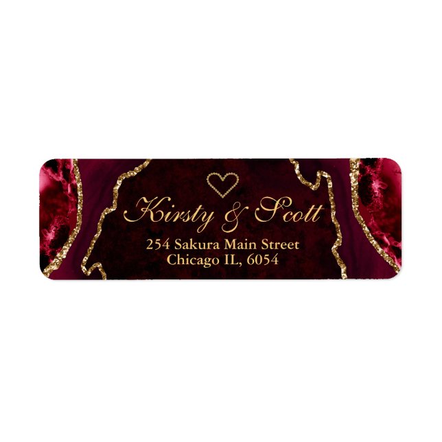 Étiquette Mariage Faux Paillettes Agate Rouge et Or (Devant)