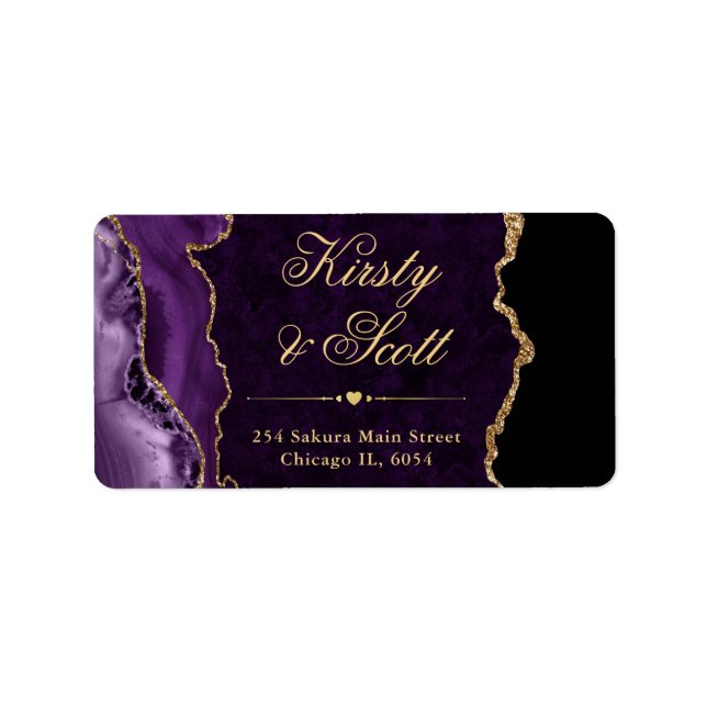 Étiquette Mariage Faux Paillettes Agate Violet et Or (Devant)