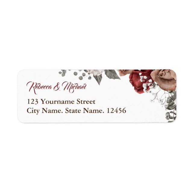 Étiquette Mariage Fleur de Roses Rouge Bourgogne (Devant)