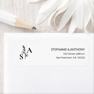 Étiquette Mariage Fleur sauvage minimaliste BW Monogram