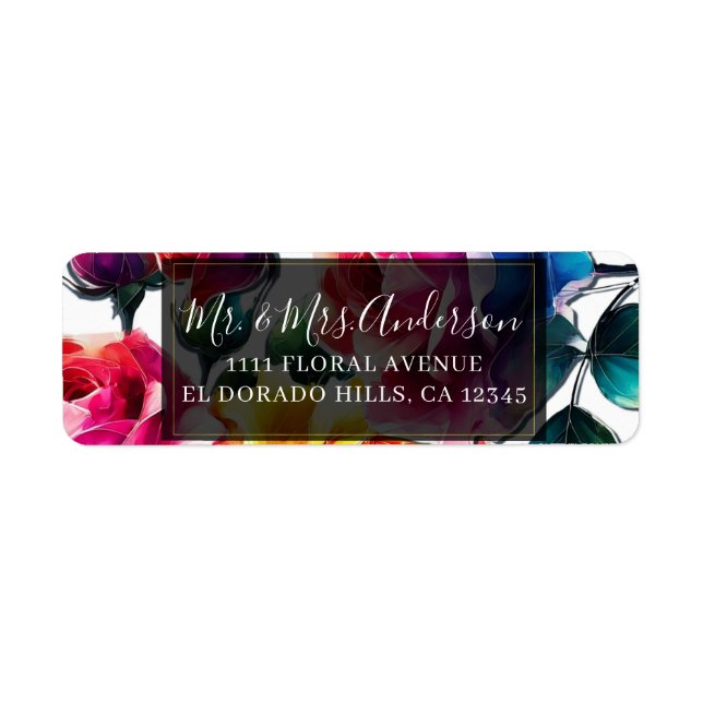 Étiquette Mariage Fleur Vibrant Roses Arc-en-ciel Noir & Bla (Devant)