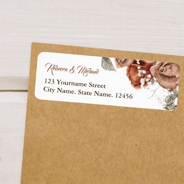 Étiquette Mariage Fleurs de Terracotta Roses Orange Brûlées (Créateur téléchargé)