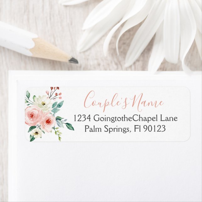 Étiquette Mariage Floral Aquarelle Blanc Pêche (En situation)