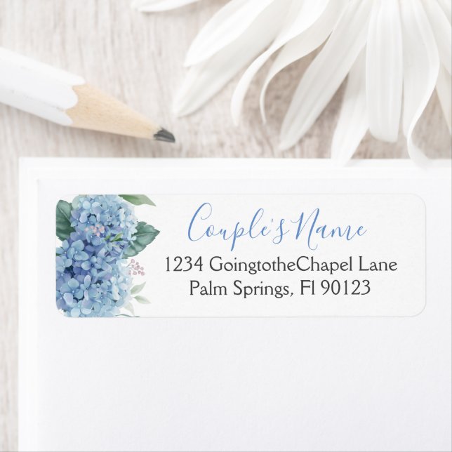 Étiquette Mariage Floral Aquarelle Hydrangeas Bleus (En situation)