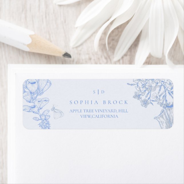 Étiquette Mariage Floral Bleu Blanc Français (En situation)