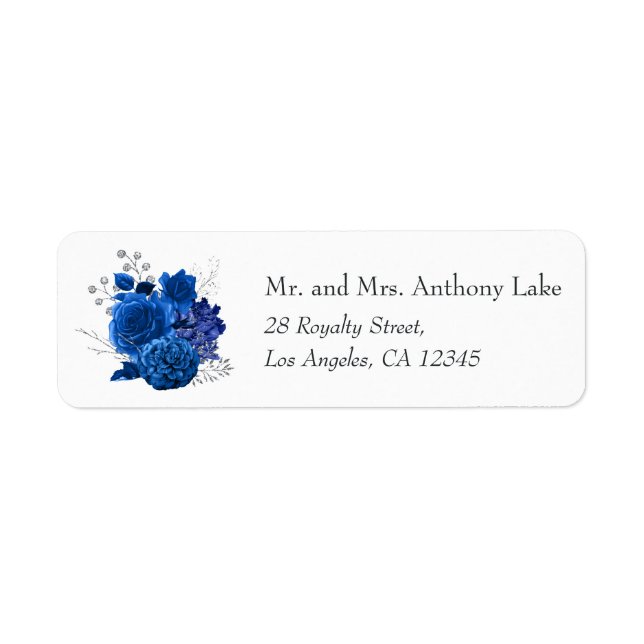 Étiquette Mariage floral bleu royal et argent (Devant)