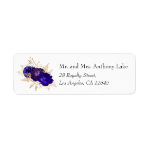 Étiquette Mariage floral bleu royal, violet et or