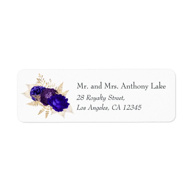 Étiquette Mariage floral bleu royal, violet et or (Devant)