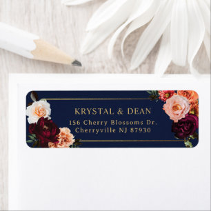 Étiquette Mariage Floral Bordeaux Rouille Bleu Nuit Sombre