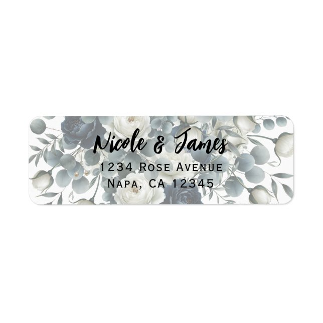 Étiquette Mariage floral moderne bleu foncé et blanc (Devant)
