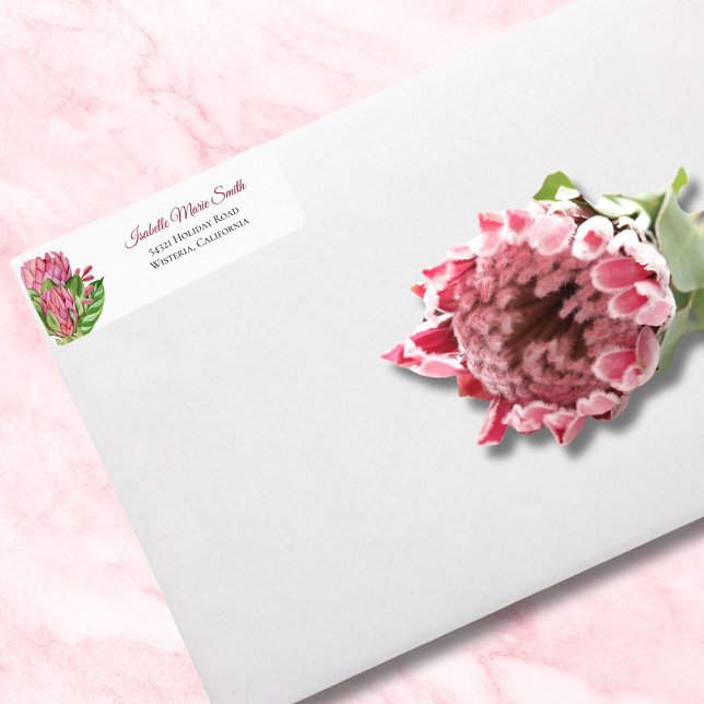 Étiquette Mariage Floral Protea Aquarelle Rose Tropical (Créateur téléchargé)