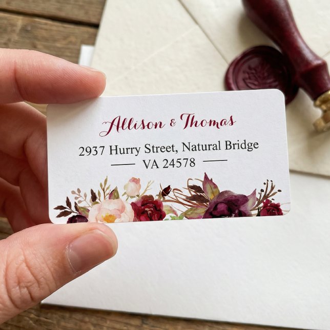 Étiquette Mariage Floral Rouge Marsala Bourgogne Chic Rustiq (Créateur téléchargé)