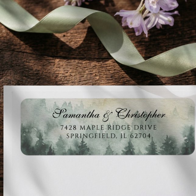 Étiquette Mariage forêt de pin aquarelle (Créateur téléchargé)