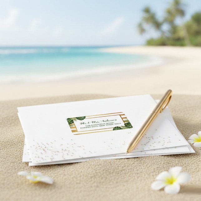 Étiquette Mariage Gold Foil & Green Palm Leaf Beach (Créateur téléchargé)
