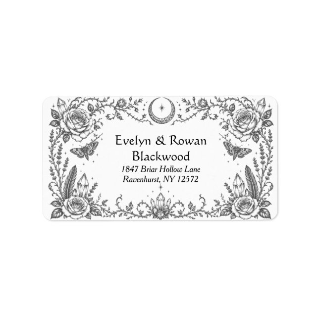Étiquette Mariage gothique botanique noir et blanc (Devant)