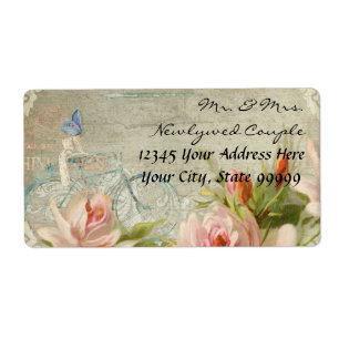 Étiquette Mariage Hipster Bicycle Rose Rustic Wood Cottage