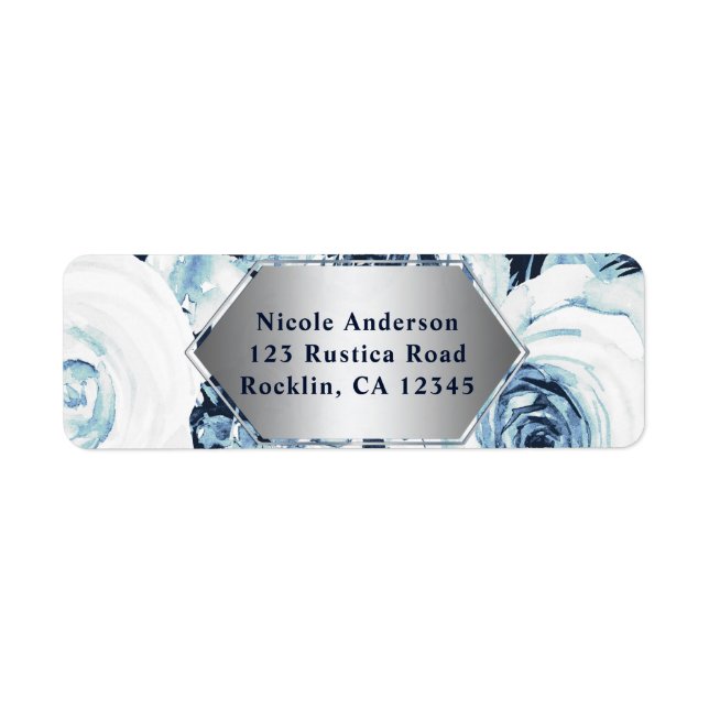 Étiquette Mariage Hiver Bleu Blanc Argent Roses Vintage (Devant)