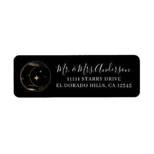 Étiquette Mariage Moderne Céleste Lune Étoiles Noir & Or