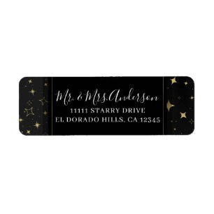 Étiquette Mariage Moderne Céleste Lune Étoiles Noir & Or