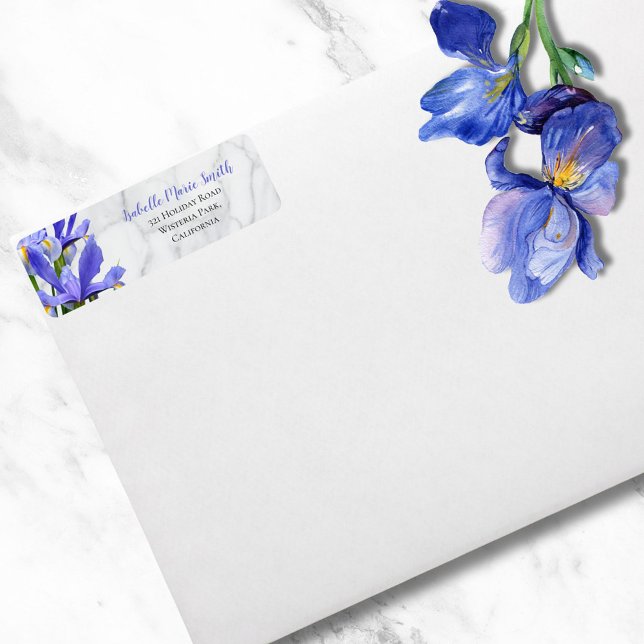 Étiquette Mariage Moderne Fleurs d'Iris Bleus sur Marbre Gri (Créateur téléchargé)