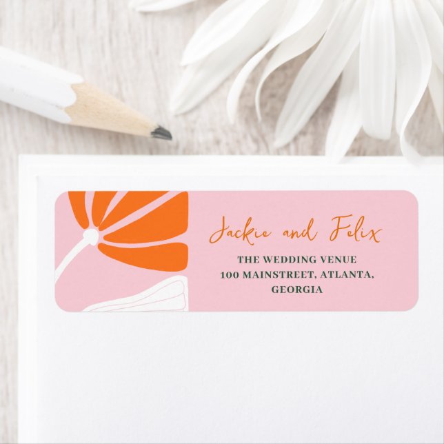 Étiquette Mariage moderne fleurs roses et orange (En situation)