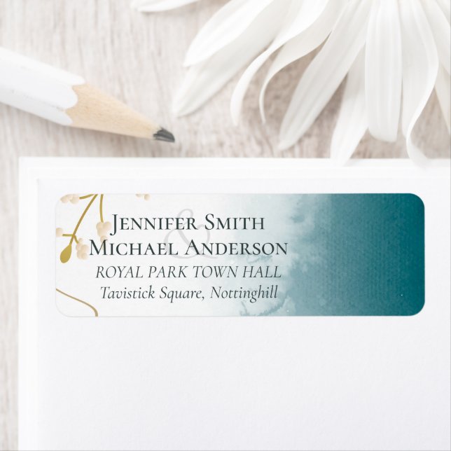 Étiquette Mariage moderne Misty Blue Gold (En situation)