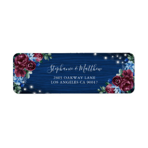 Étiquette Mariage Navy Blue Burgundy Floral Lights
