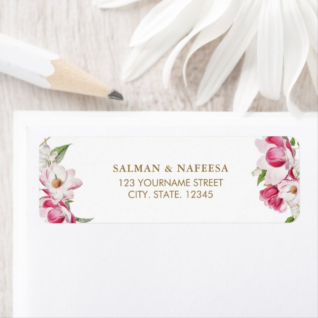 Étiquette Mariage or rose floral (En situation)