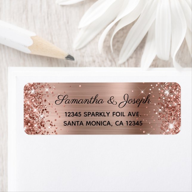 Étiquette Mariage Pailleté Or Rose Feuille (En situation)